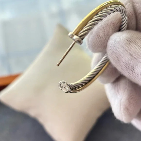 David Yurman 925 & 18k Gold Crossover Cable Hoop Earrings 1.75" - Picture 7 of 8